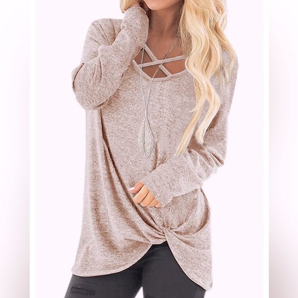 Womens Long Sleeve Top V Neck Casual Blush Cream Pink Knotted waist XXL
